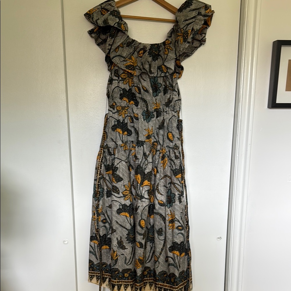 Ulla Johnson Floral Ruffle Dress - Gray and Yellow size 2